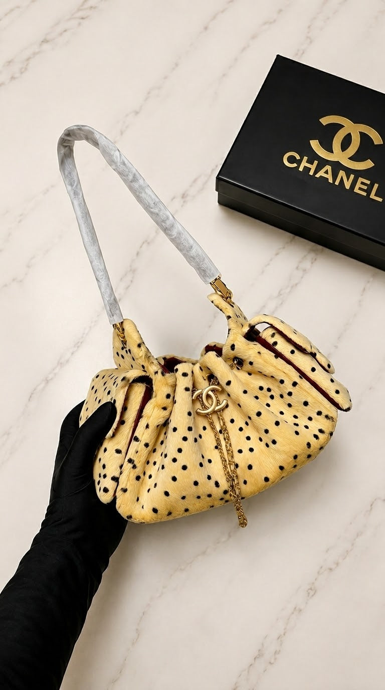 Chanel 25 Mini Cheetah Print bag, featured in cream lambskin with black spots.