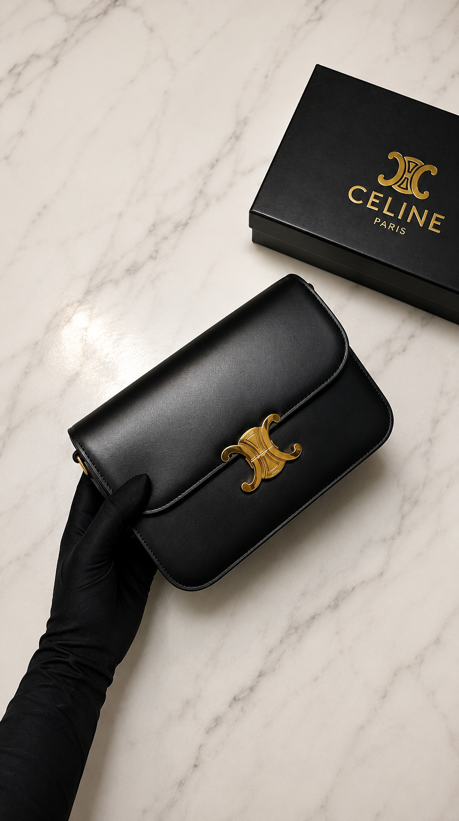 Celine Classique Triomphe Handbag in shiny black calfskin with gold hardware.