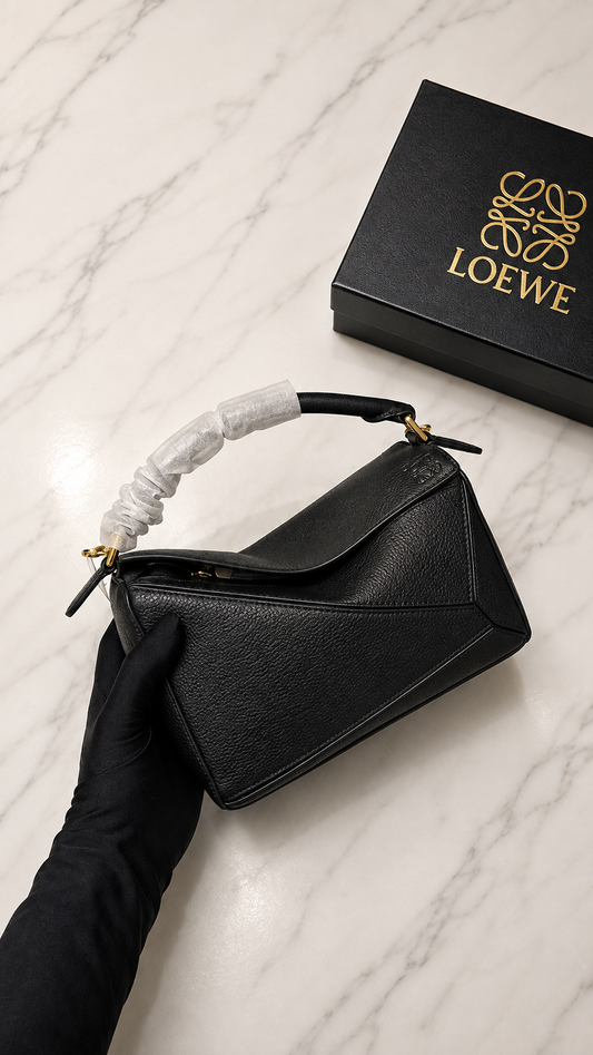 Loewe Small Puzzle Edge bag in black textured calfskin.