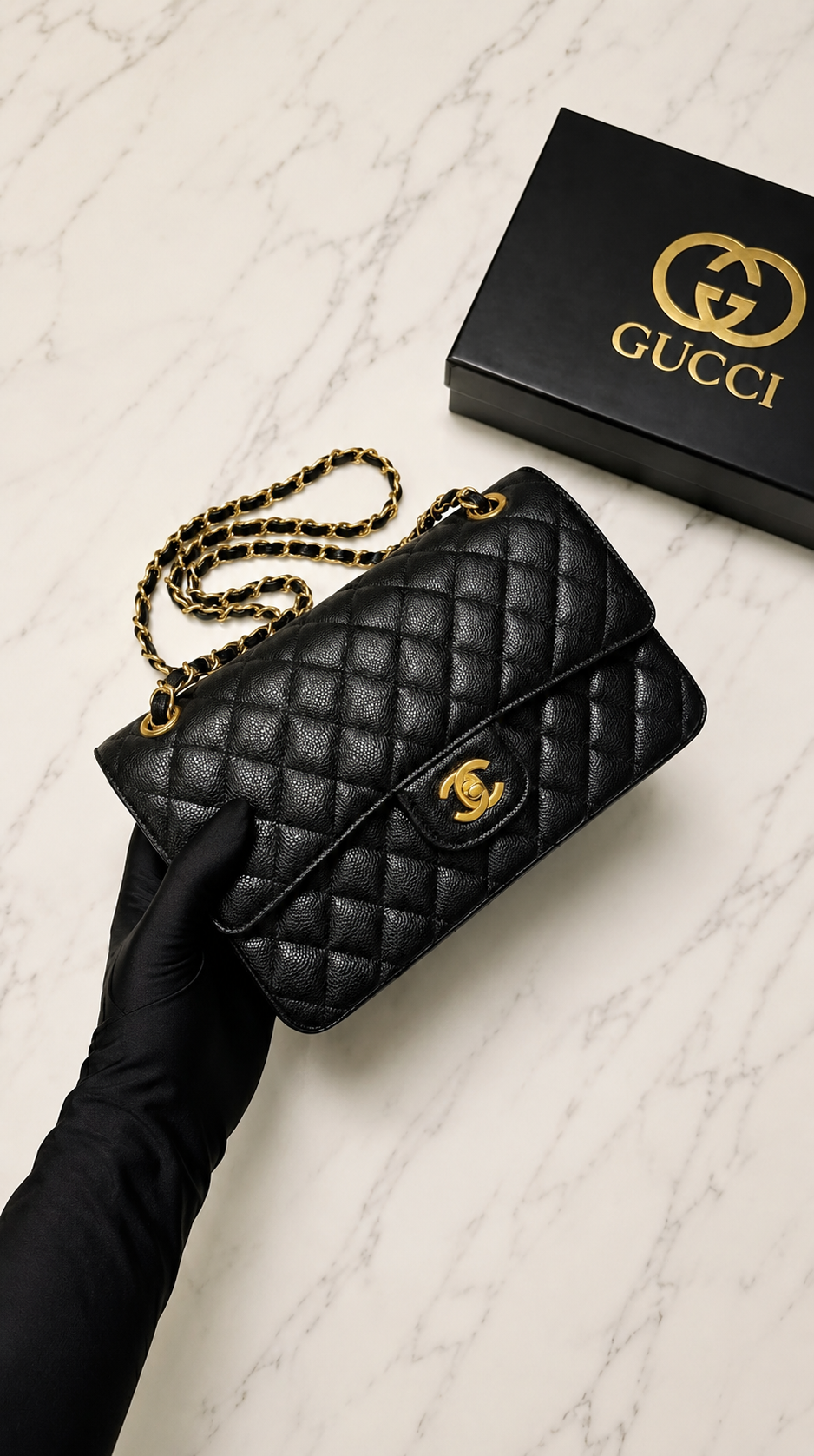 Chanel Classic Flap bag made of black grained calfskin ("caviar" leather) with gold-tone hardware