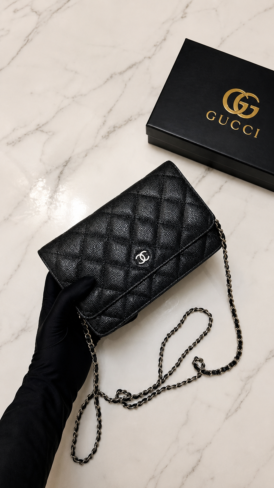 Chanel Black Quilted Caviar Classic Wallet on Chain featuring silver-colored hardware.