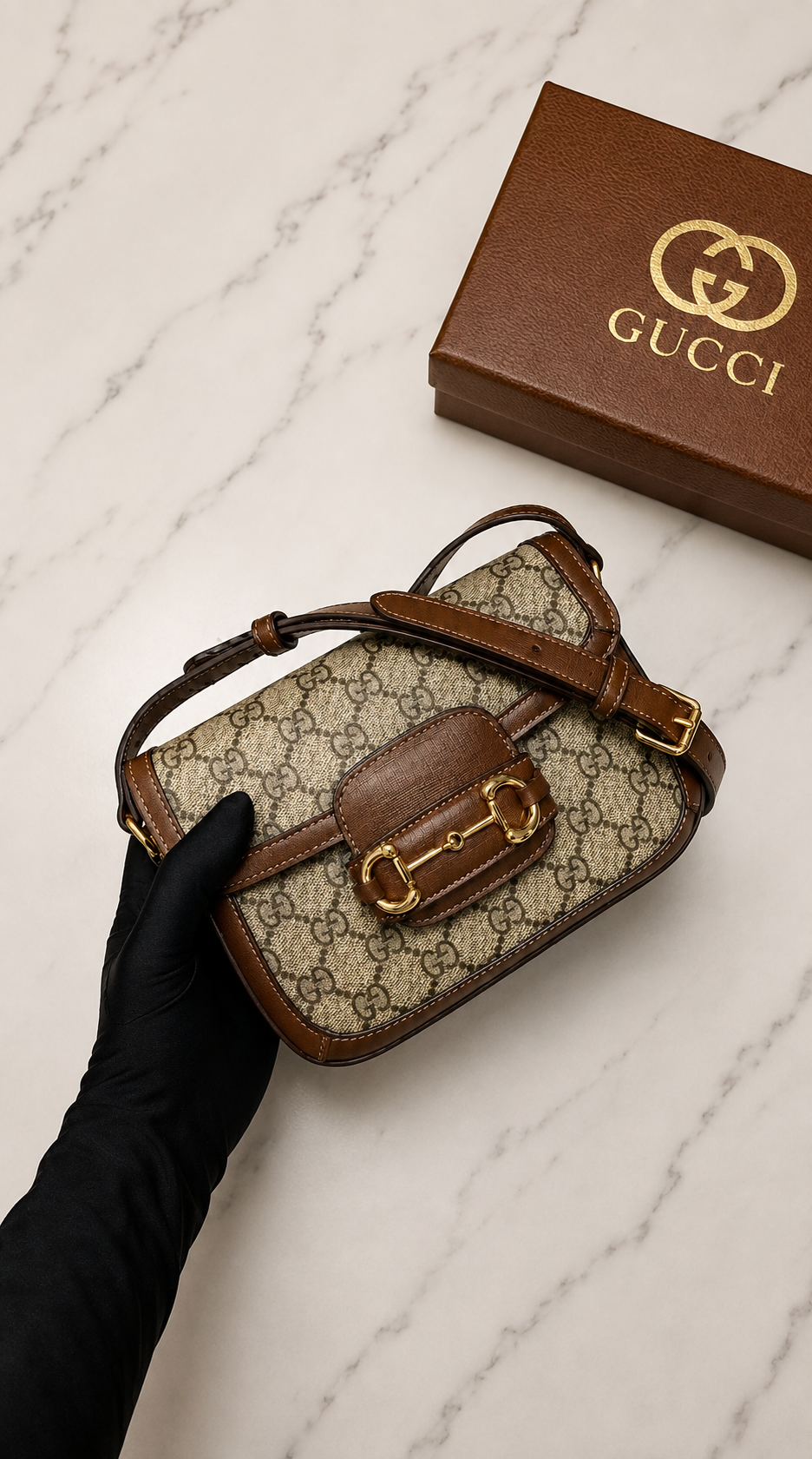 Gucci Horsebit 1955 mini shoulder bag featuring the iconic gold-toned horsebit hardware on a beige and brown GG Supreme canvas.