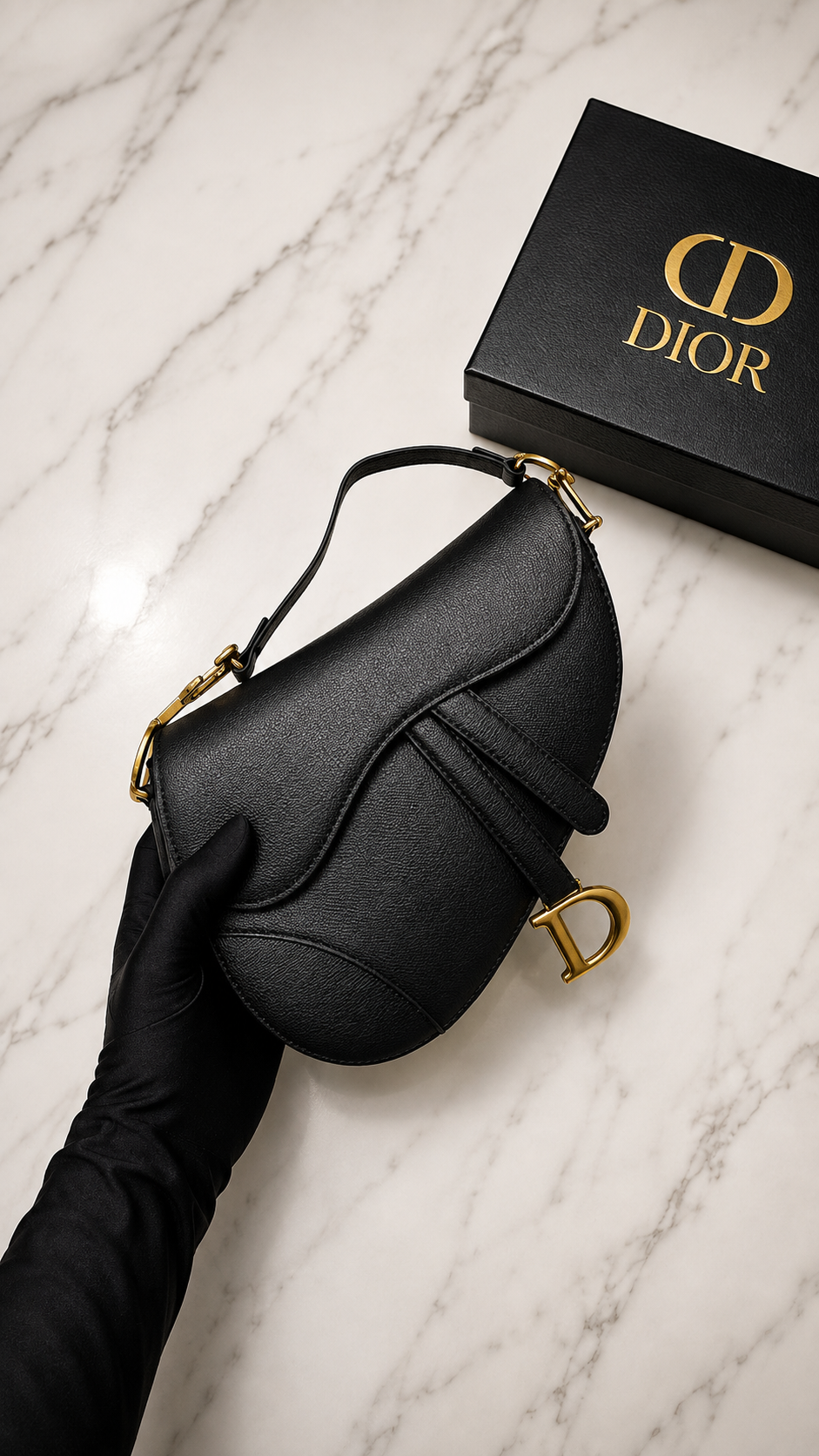 Dior Black Grained Calfskin Saddle Bag featuring signature gold-tone hardware.